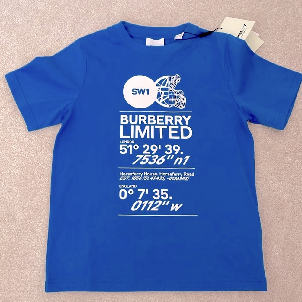 Burberry NWT boy’s size 10 montage print canvas blue cotton tee shirt.
